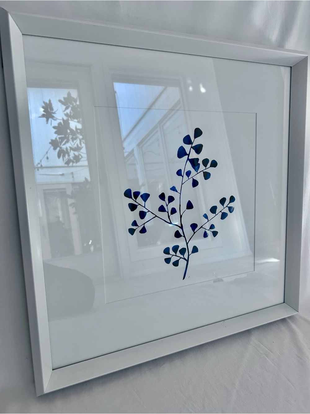 Navy Blue Botanical Framed Wall Art White Frame 21” Square